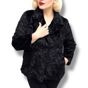 Vintage 90s XOE New York Black Faux Fur Double Breasted Pea Coat Size Small